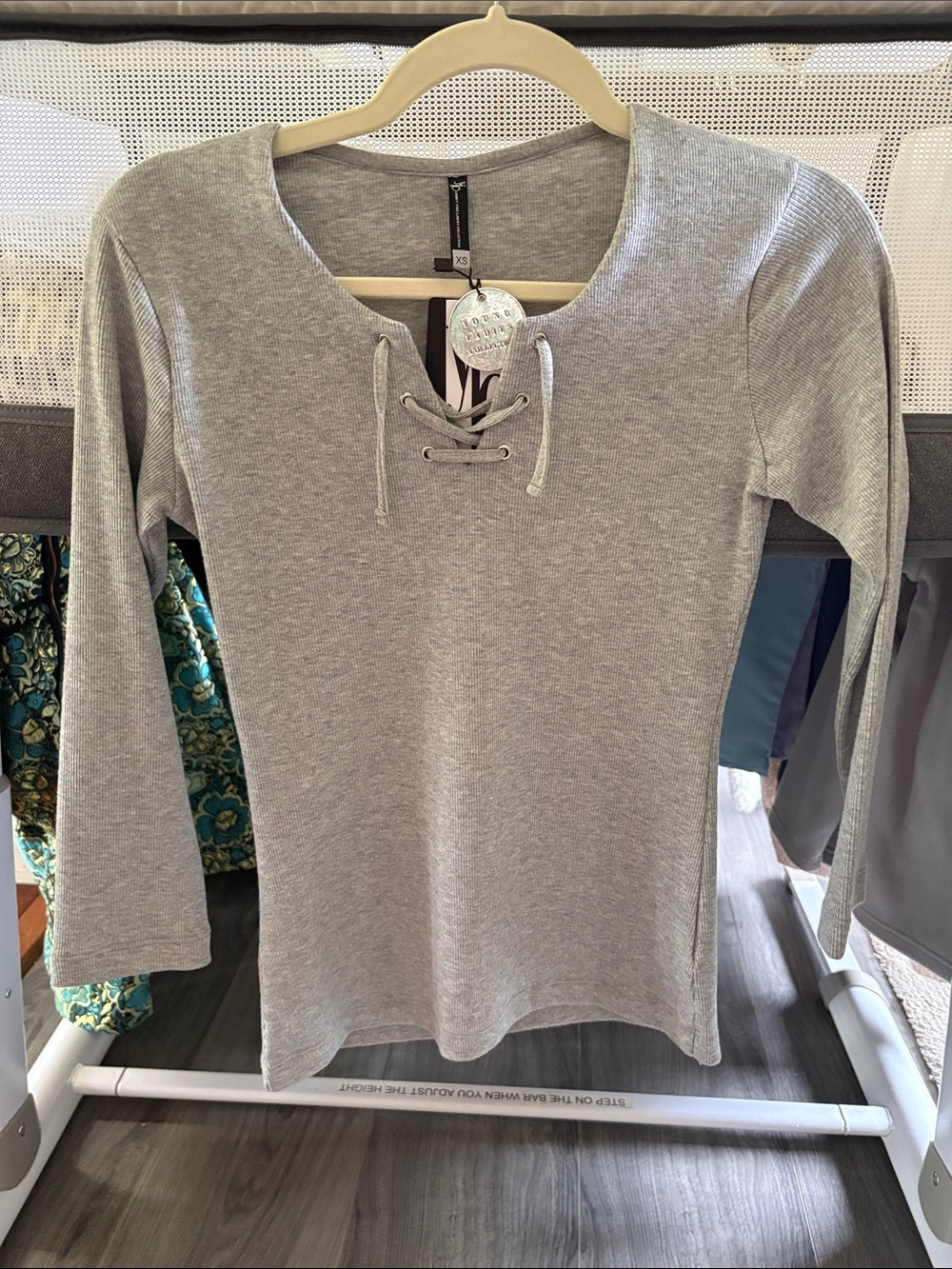 Lace-Up Scoop Neck Long Sleeve Top - Light Gray